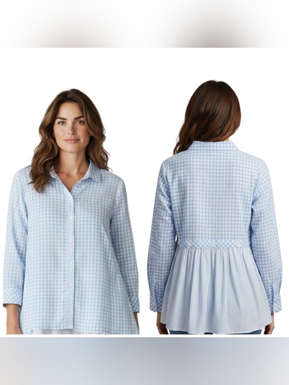 Foxcroft NYC Cotton Gingham Printed Pleated Peplum Back Button Up Tunic